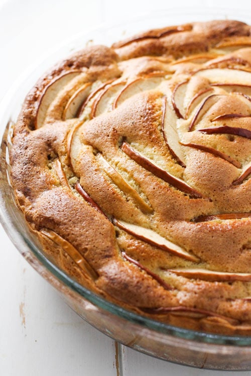 Closeup of the top of the Russian sharlotka apple cake decorated with sliced apples.