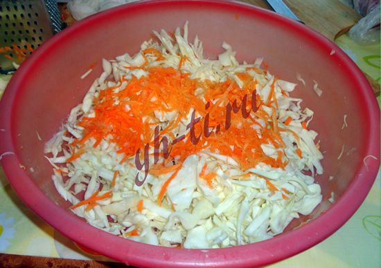 Смешиваем капусту с морковью и добавляем соль